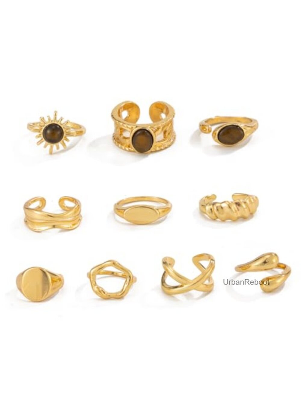 10 Piece Gold Stackable Ring Set for Women, Vintage Tiger Eye Stone Boho